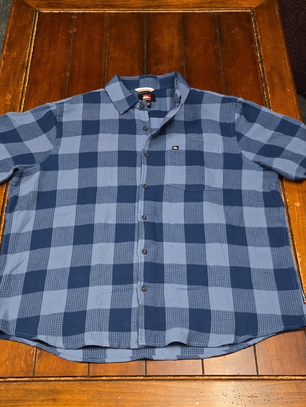 Quiksilver Men's Navy and Light Blue Check Button-Down Shirt